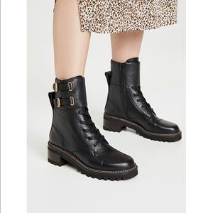 See by Chloe Mallory Black Leather Gold Hardware Moto Boots 37.5 NEW